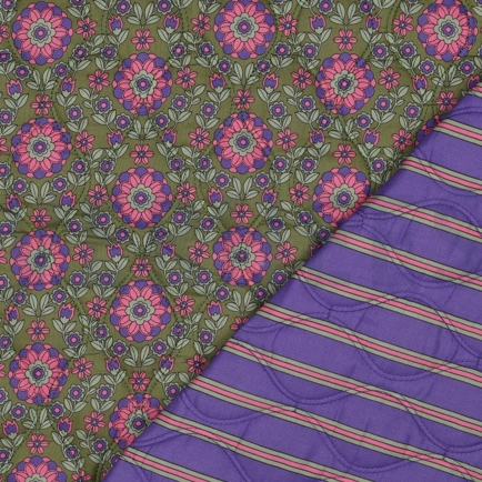 COTTON VOILE STEPPED FLOWERS PURPLE / ARMY GREEN (hover)