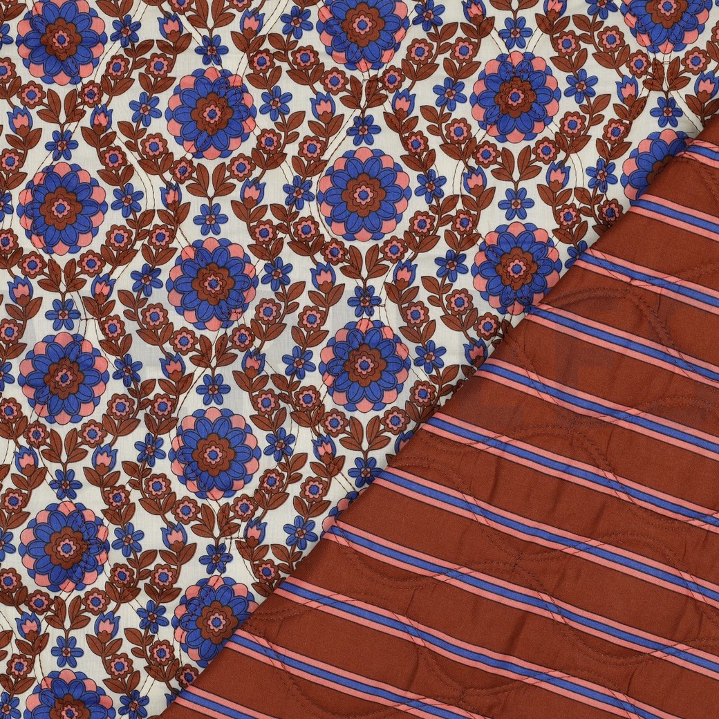 COTTON VOILE STEPPED FLOWERS CARAMEL / COBALT (hover)