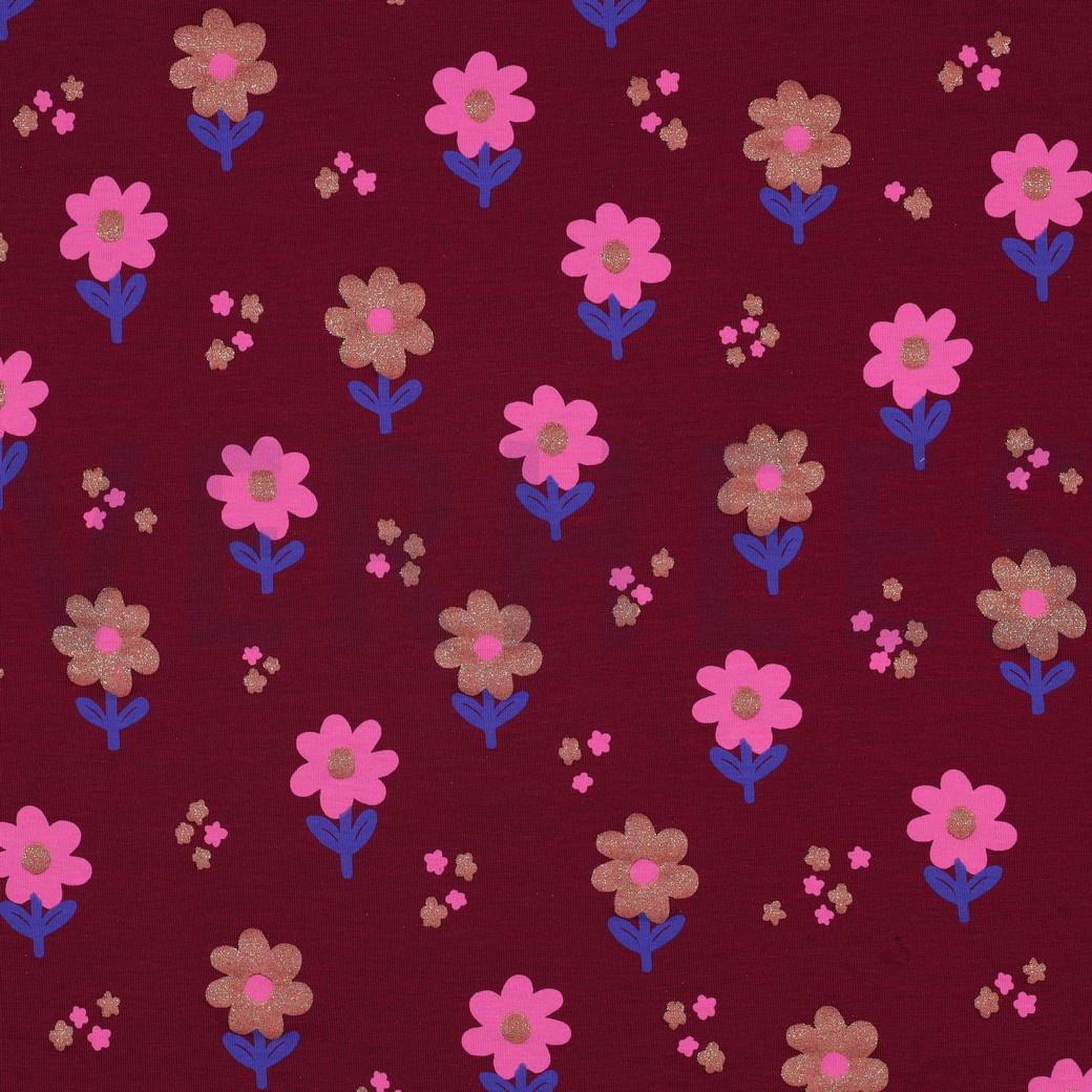 JERSEY GLITTER FLOWERS BORDEAUX