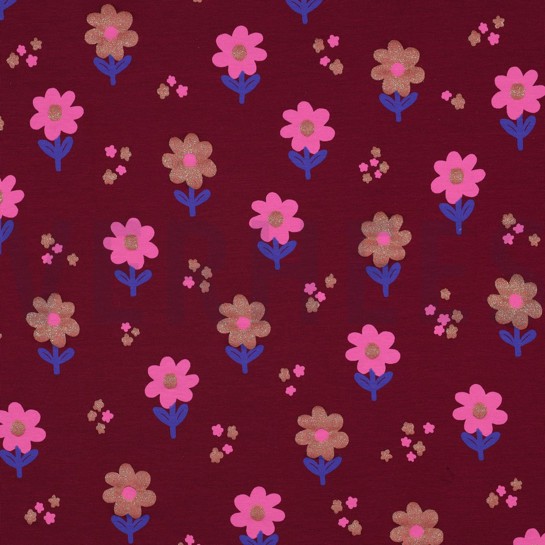JERSEY GLITTER FLOWERS BORDEAUX #7