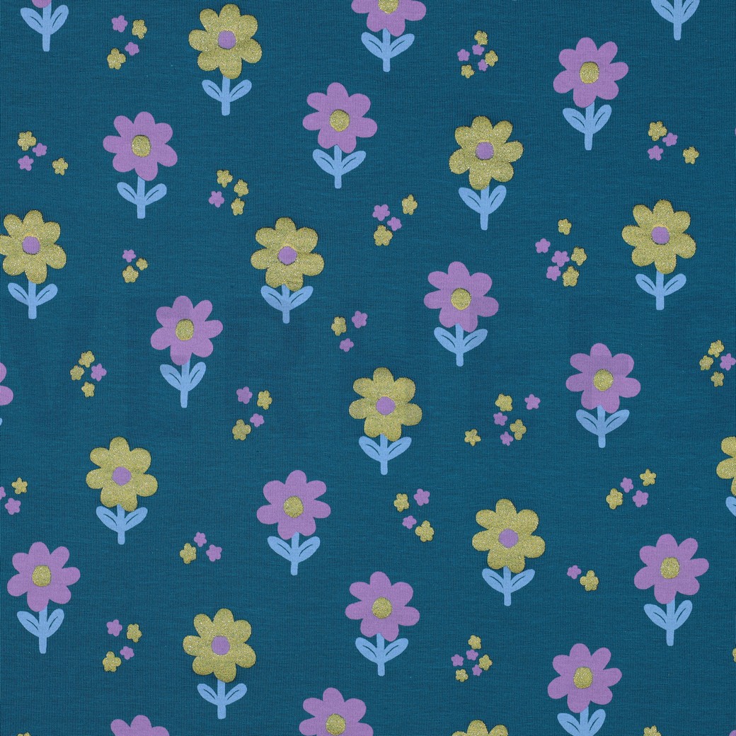 JERSEY GLITTER FLOWERS PETROL
