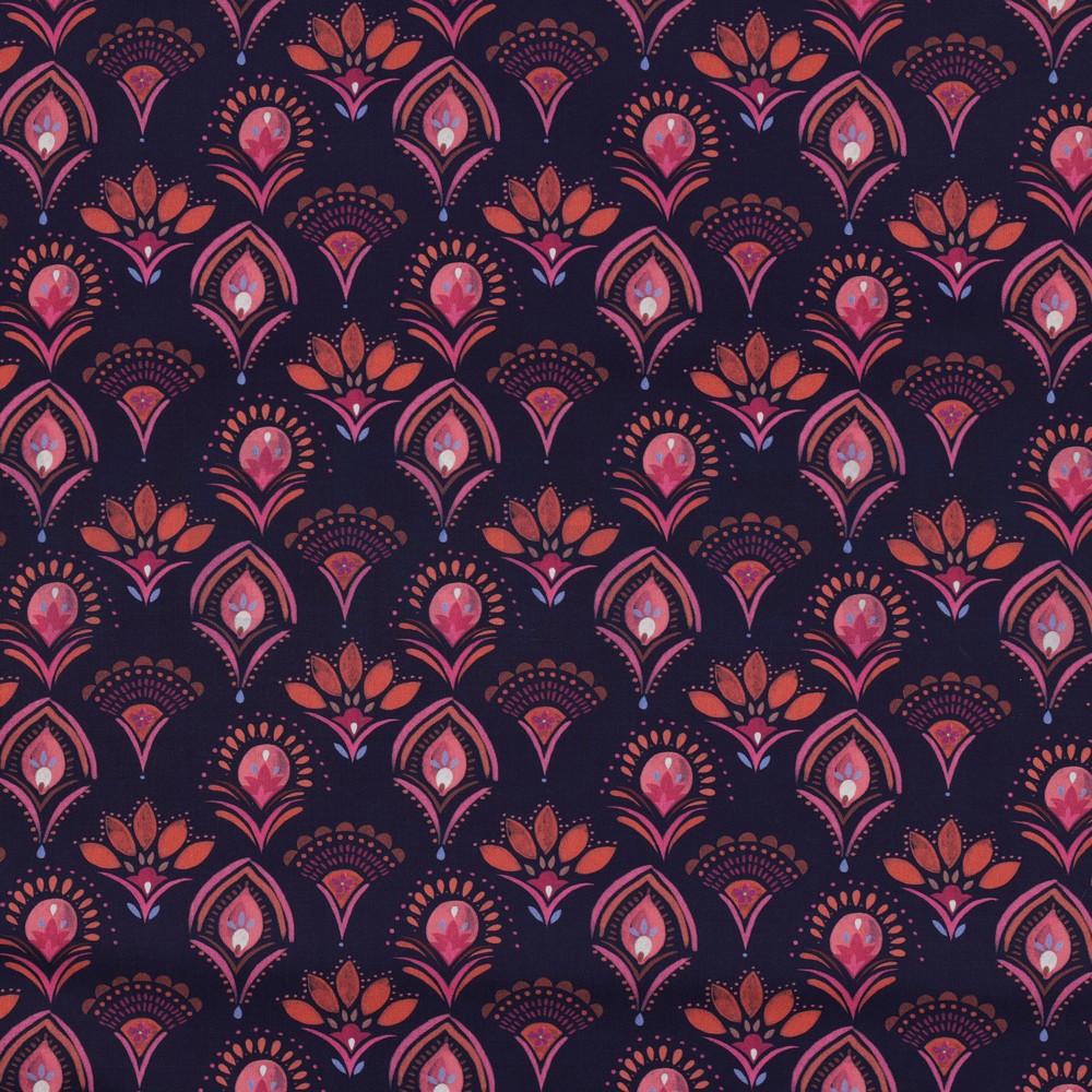 FINE POPLIN DIGITAL FLOWERS NAVY (hover)
