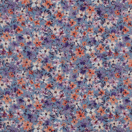 BAUMWOLLE POPELINE DIGITAL BLUMEN HIMMELBLAU #7