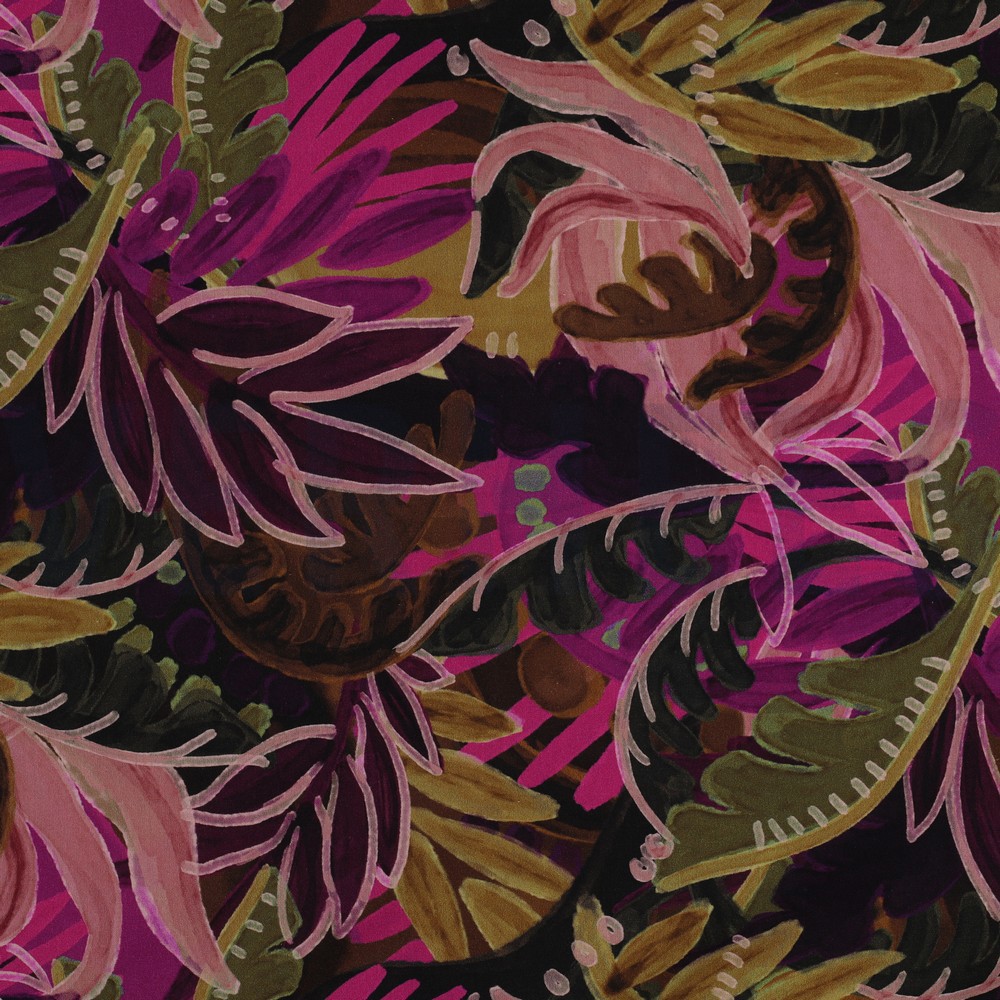 COTTON VISCOSE DIGITAL LEAVES PINK/ OCHRE