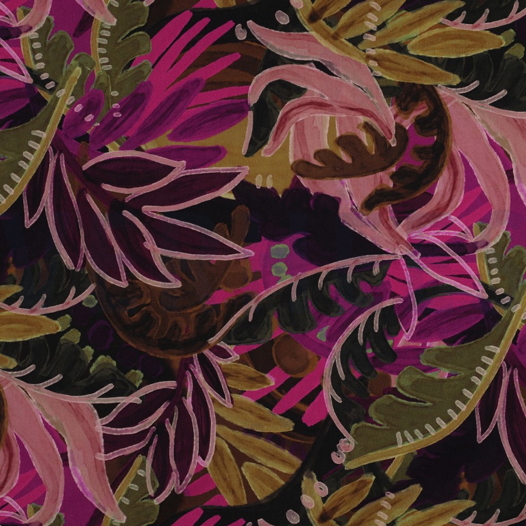COTTON VISCOSE DIGITAL LEAVES PINK/ OCHRE