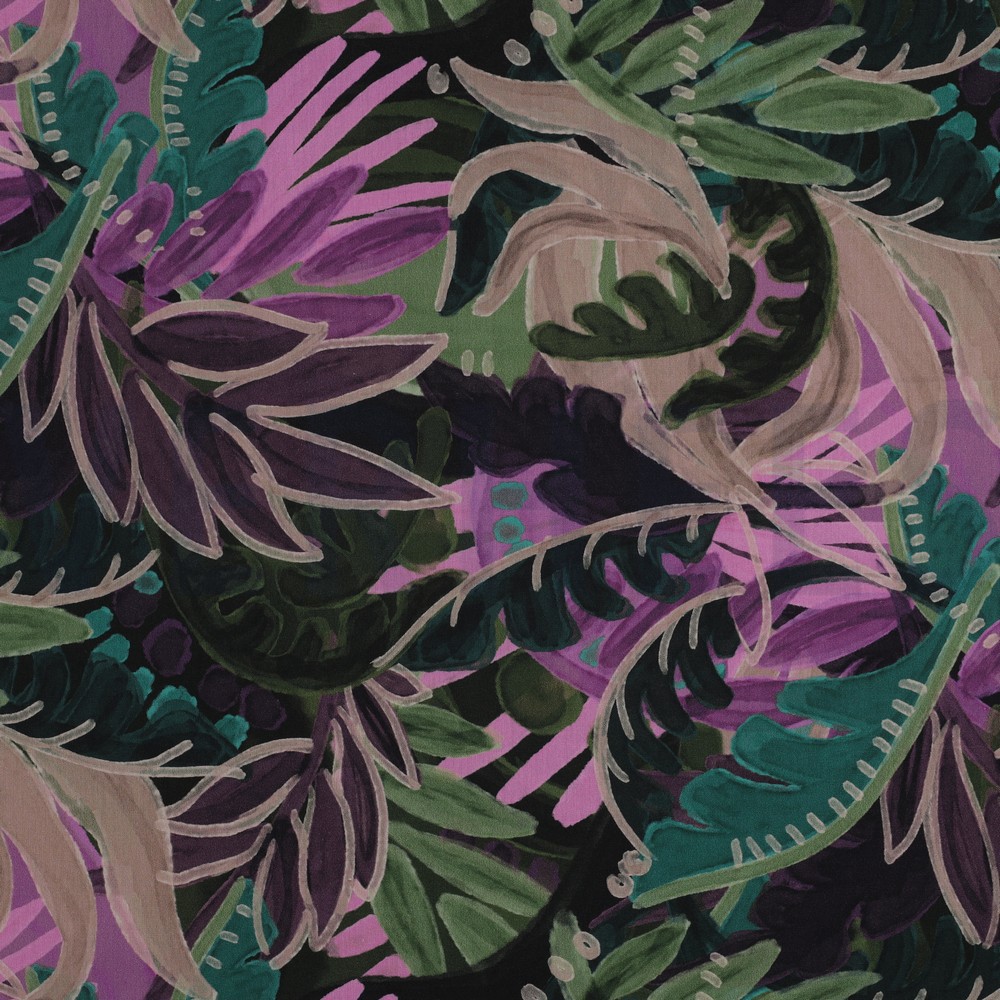 COTTON VISCOSE DIGITAL LEAVES PURPLE/ GREEN