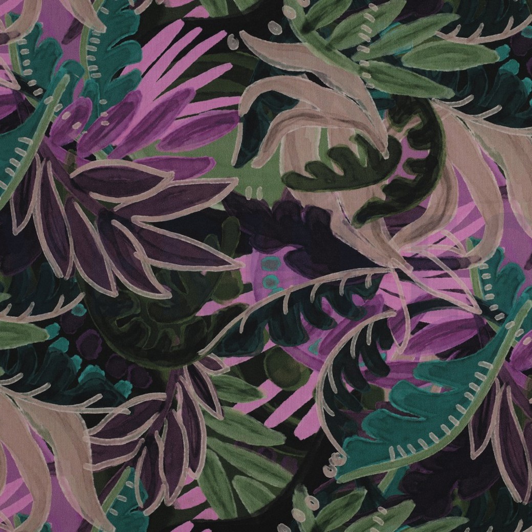 COTTON VISCOSE DIGITAL LEAVES PURPLE/ GREEN