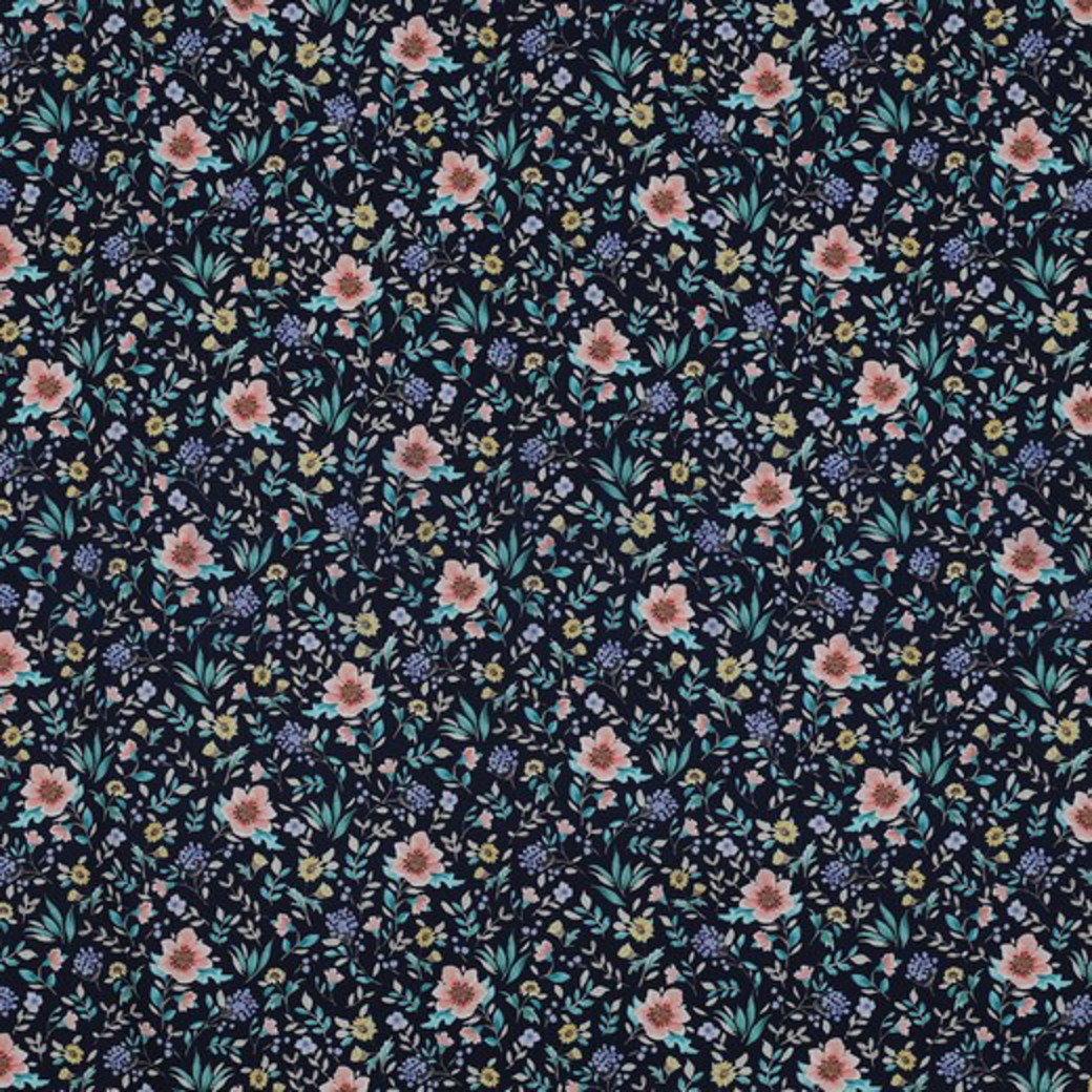 FINE POPLIN DIGITAL FLOWERS NAVY