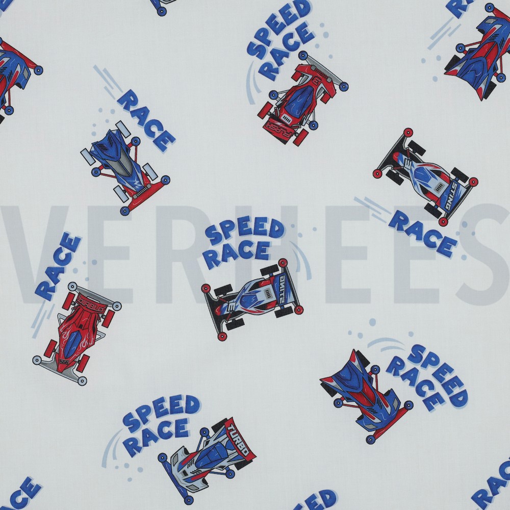 FINE POPLIN DIGITAL RACE CARS WHITE (hover)