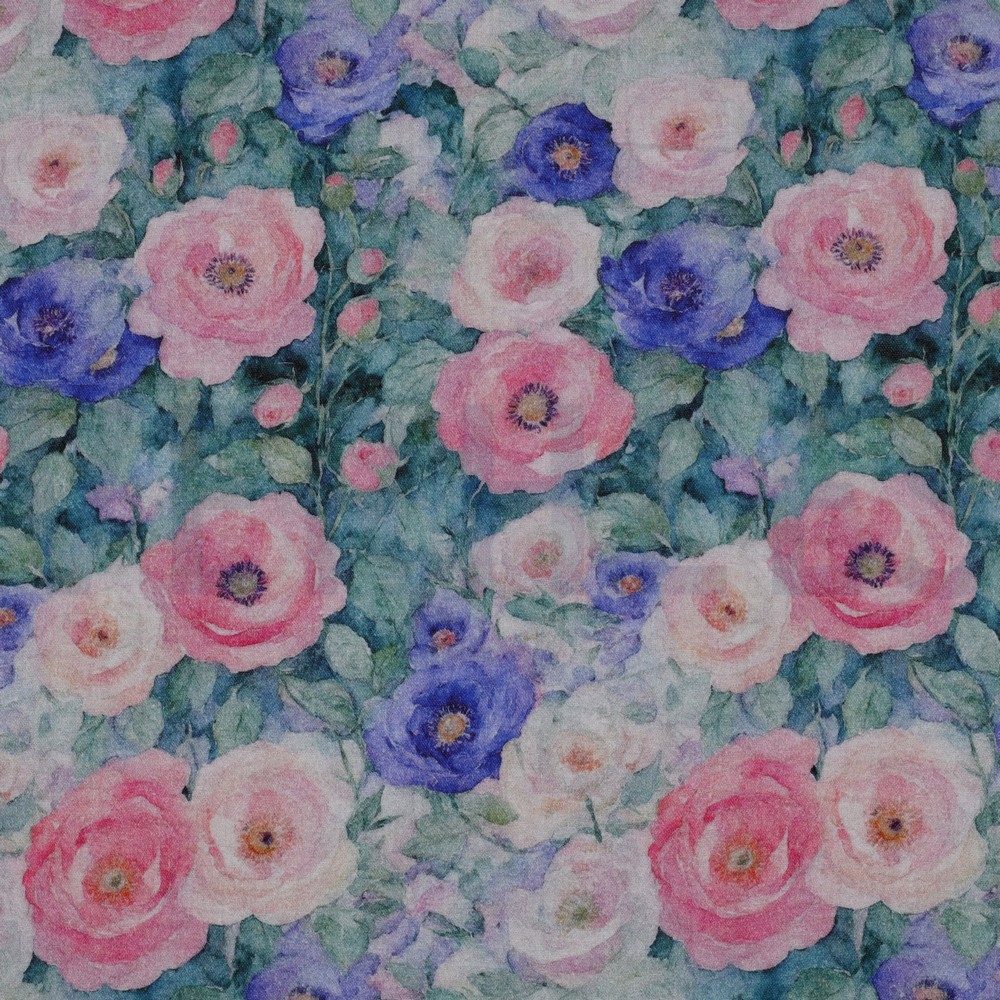 DOUBLE GAUZE DIGITAL FLOWERS PETROL