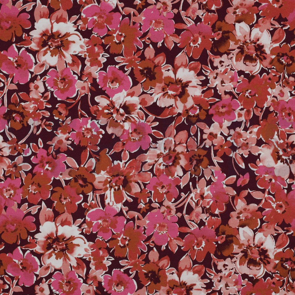 JERSEY DIGITAL FLOWERS DARK RED