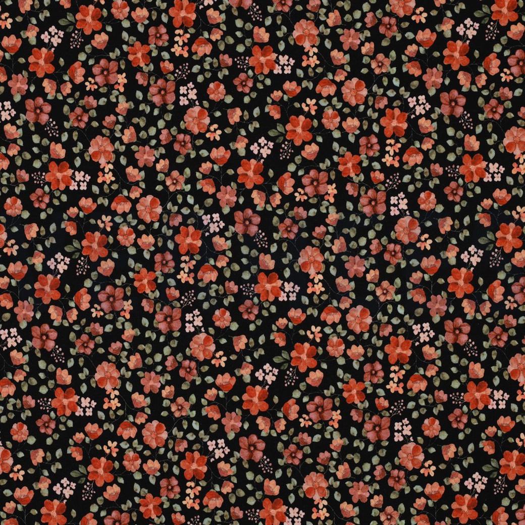 JERSEY GOTS DIGITAL FLOWERS BLACK / PEACH