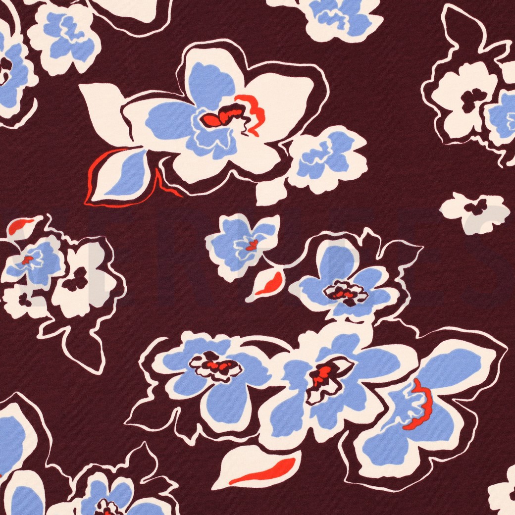 FRENCH TERRY FLOWERS BORDEAUX