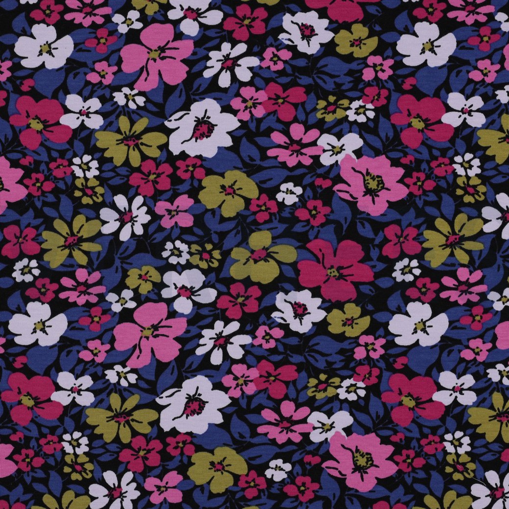 FRENCH TERRY FLOWERS BLACK/ BLUE