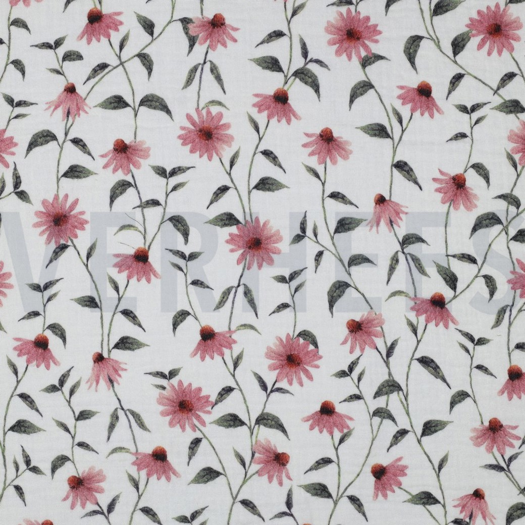 DOUBLE GAUZE GOTS DIGITAL FLOWERS WHITE