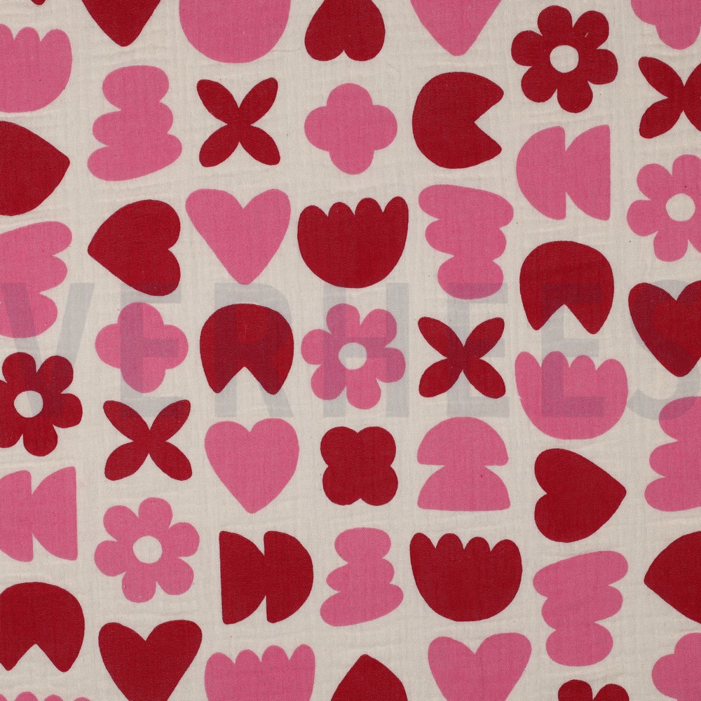 DOUBLE GAUZE GOTS NATURAL LOVE SHAPES NATURAL/ FUCHSIA