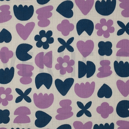 DOUBLE GAUZE GOTS NATURAL LOVE SHAPES NATURAL/ PETROL (hover)