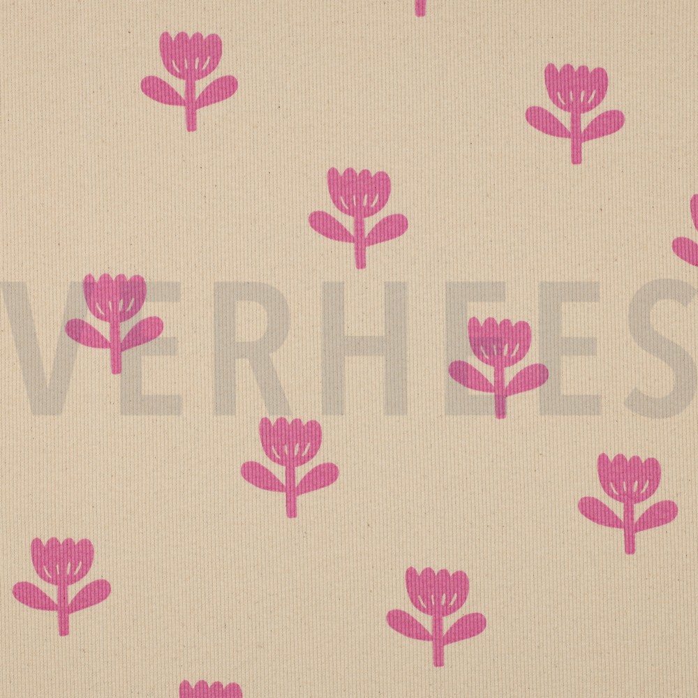 RIB JERSEY GOTS NATURAL FLOWERS NATURAL/ FUCHSIA