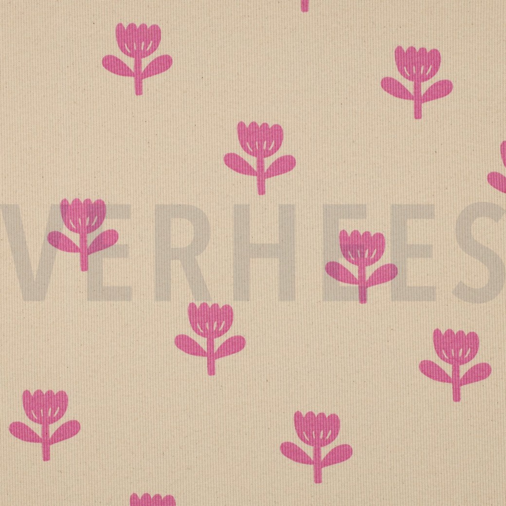 RIB JERSEY GOTS NATURAL FLOWERS NATURAL/ FUCHSIA