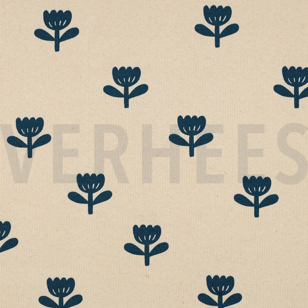 RIB JERSEY GOTS NATURAL FLOWERS NATURAL/ PETROL