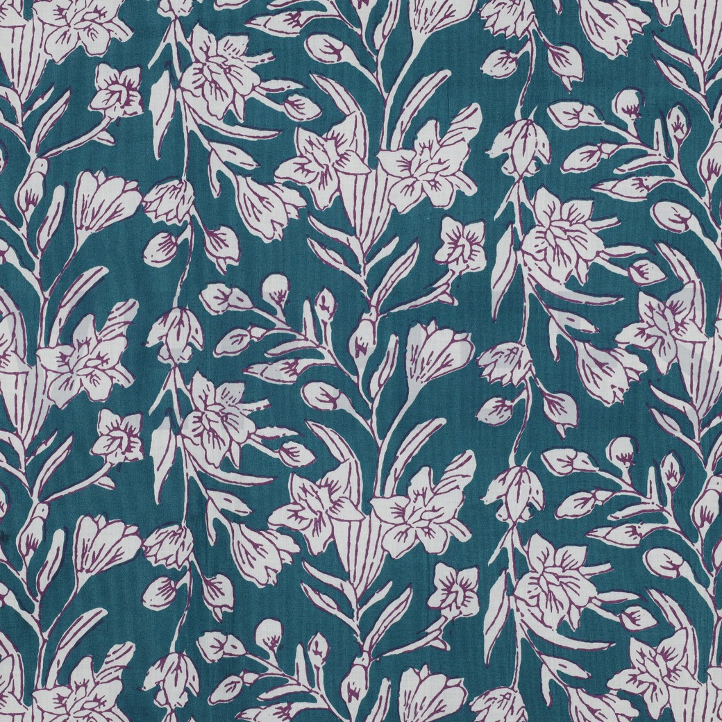 HANDCRAFTED BLOCK-PRINTED COTTON FLOWERS PETROL