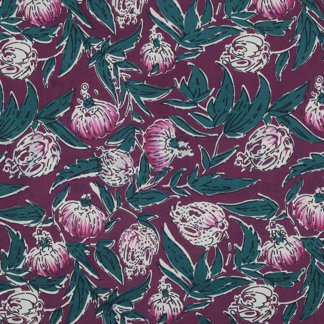 HANDCRAFTED BLOCK-PRINTED COTTON FLOWERS AUBERGINE (hover)