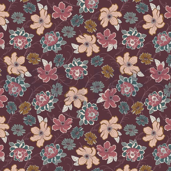 VISCOSE ROSELLA STRETCH FLOWERS AUBERGINE #7