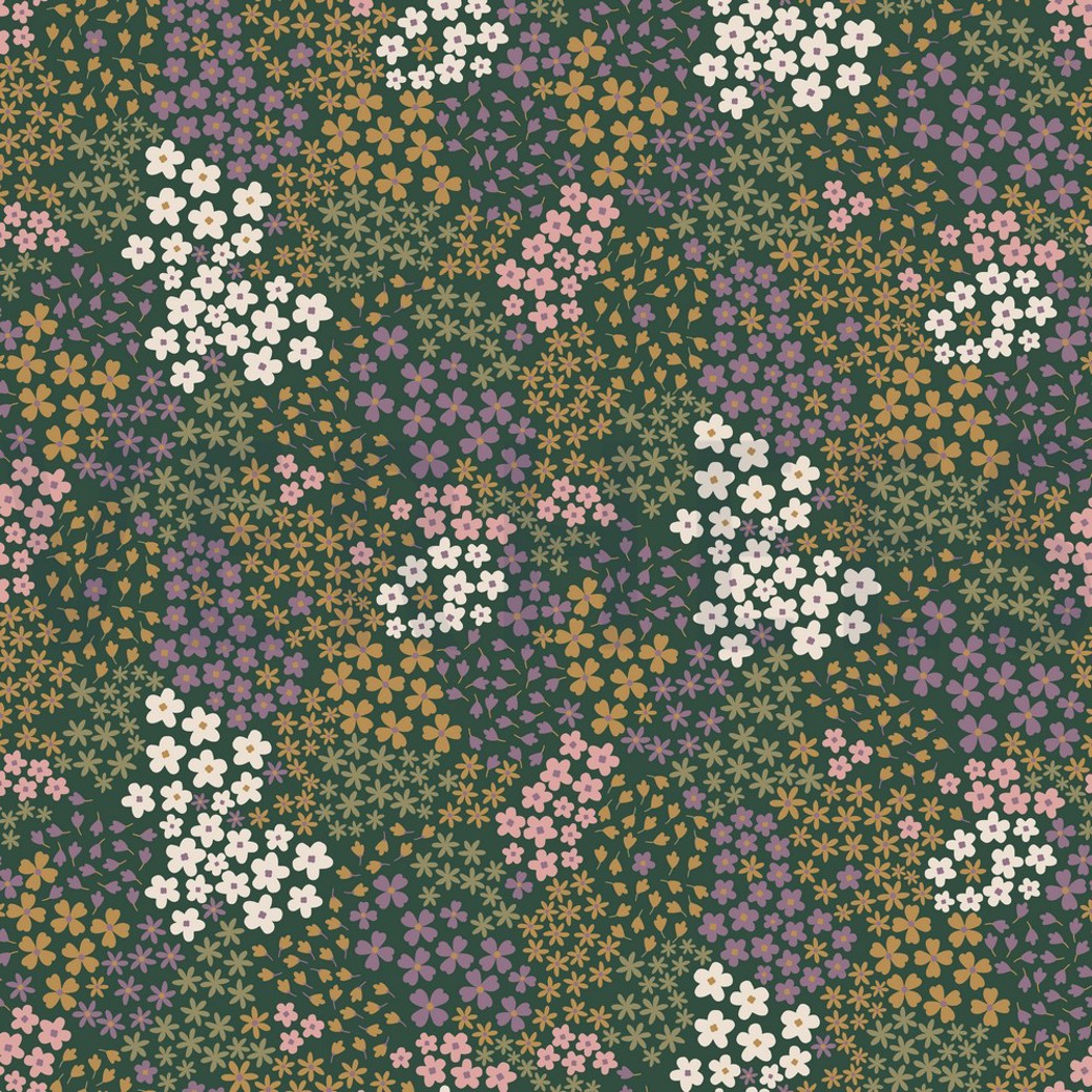 FRENCH TERRY SMALL FLOWERS DARK GREEN