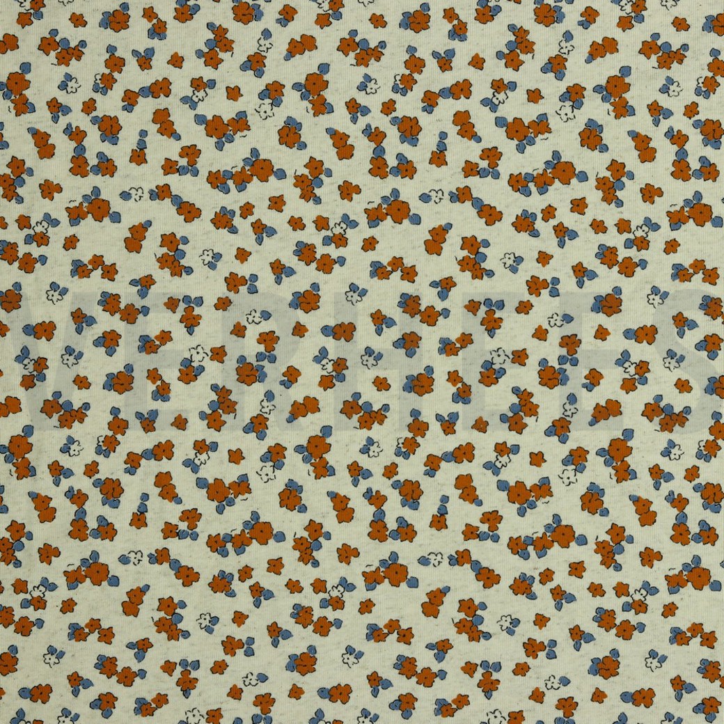 LINEN JERSEY SMALL FLOWERS NATURAL/DARK APRICOT/BLUE
