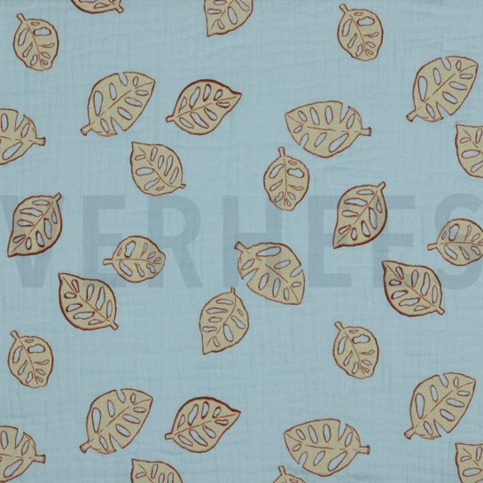 MUSSELIN MONSTERA BLÄTTER HELLBLAU #7