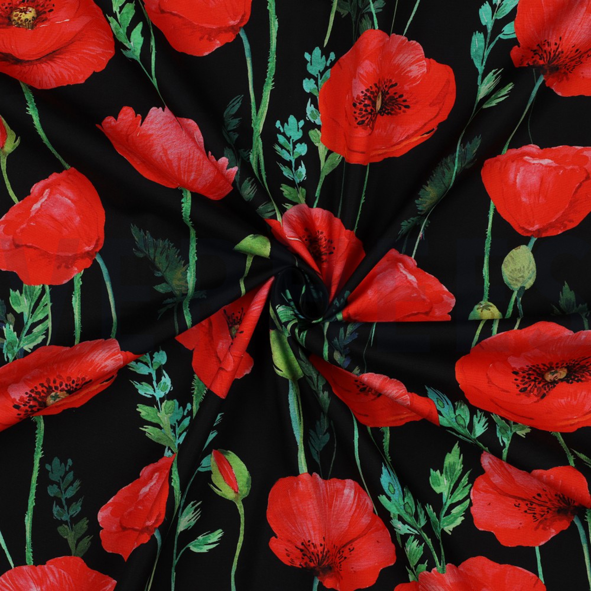 FINE POPLIN DIGITAL POPPY FLOWERS BLACK (high resolution) #2