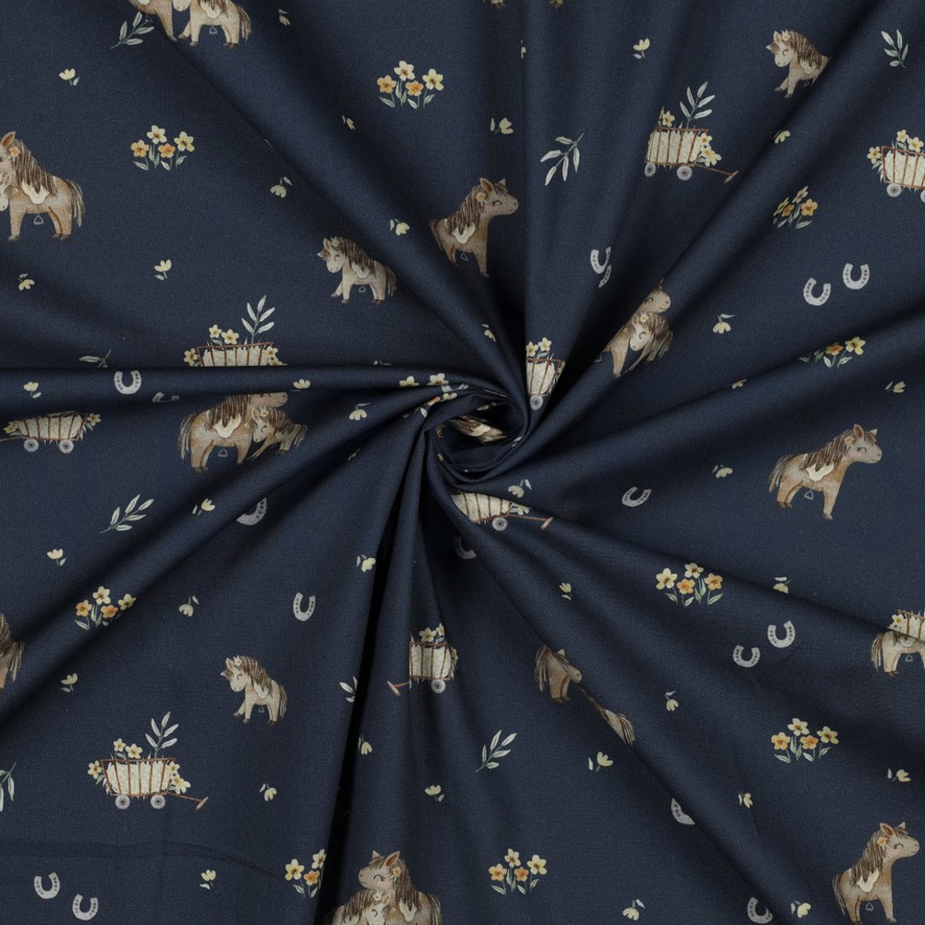 FINE POPLIN DIGITAL SWEET HORSES NAVY #2