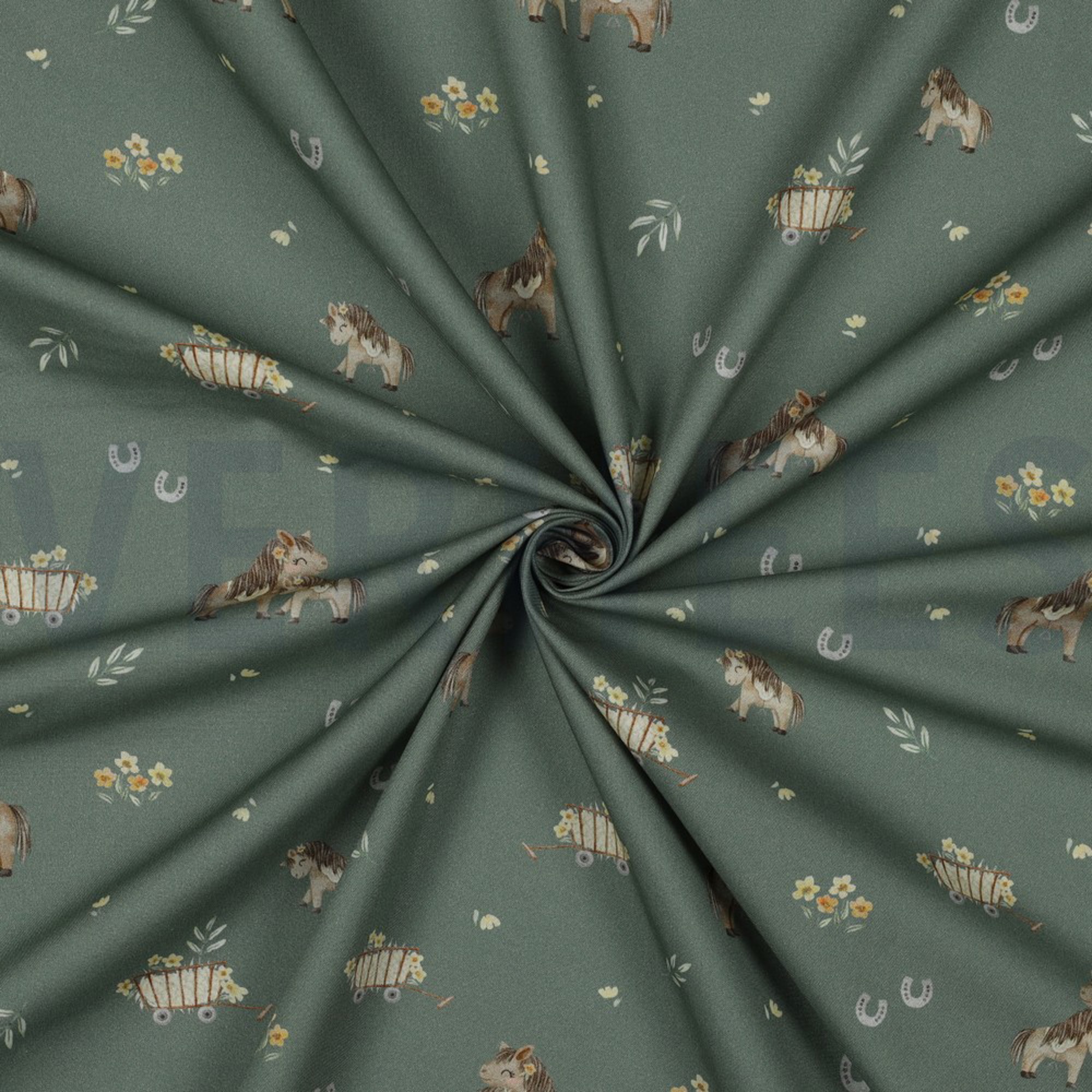 FINE POPLIN DIGITAL SWEET HORSES GREEN (high resolution) #2
