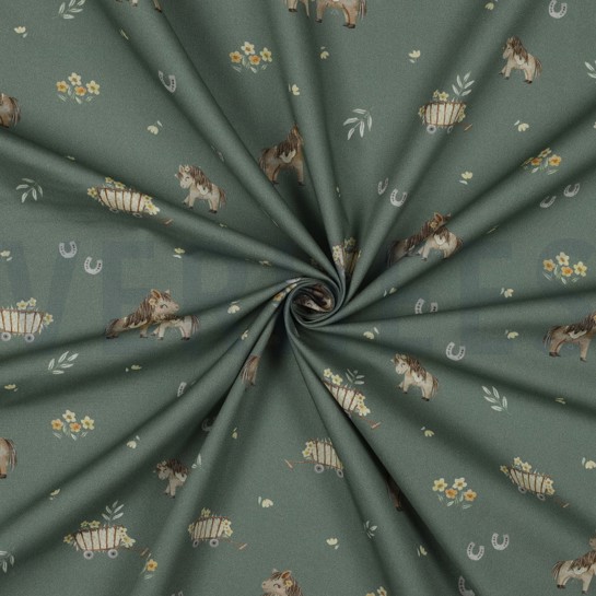 KATOENEN POPLIN DIGITAAL LIEVE PAARDEN GROEN #7