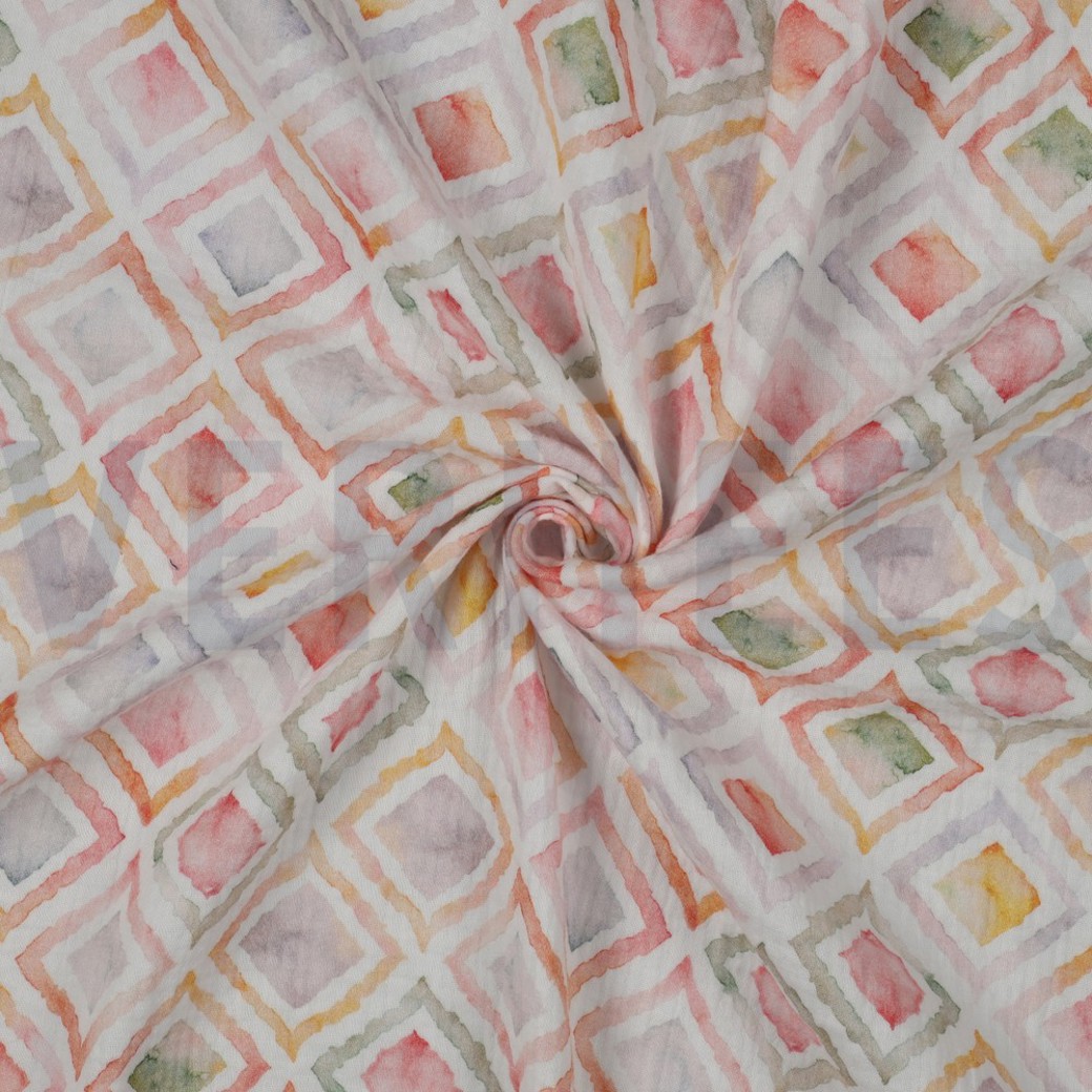 DOUBLE GAUZE DIGITAL GEO WATERCOLOUR WHITE/MAUVE #2