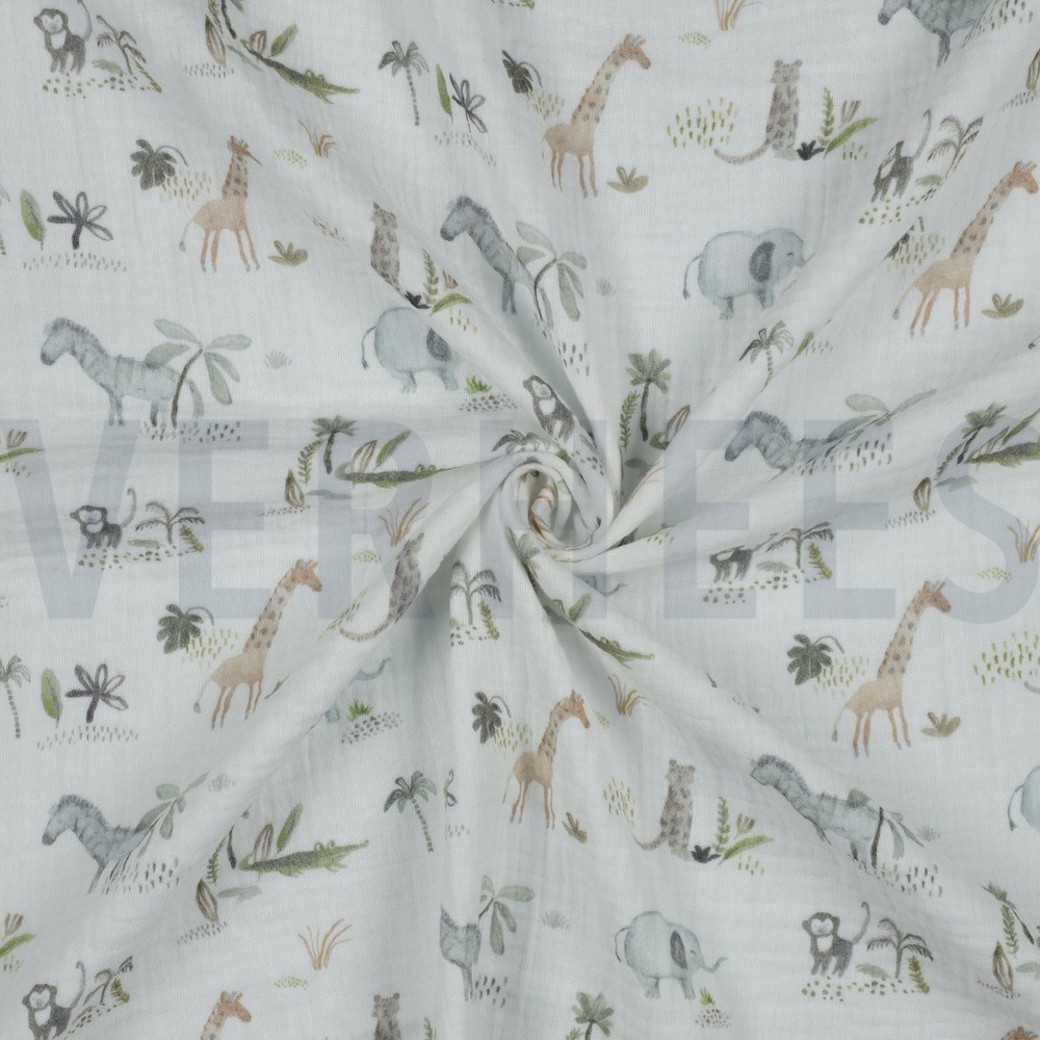 DOUBLE GAUZE DIGITAL SAFARI ANIMALS WHITE #2