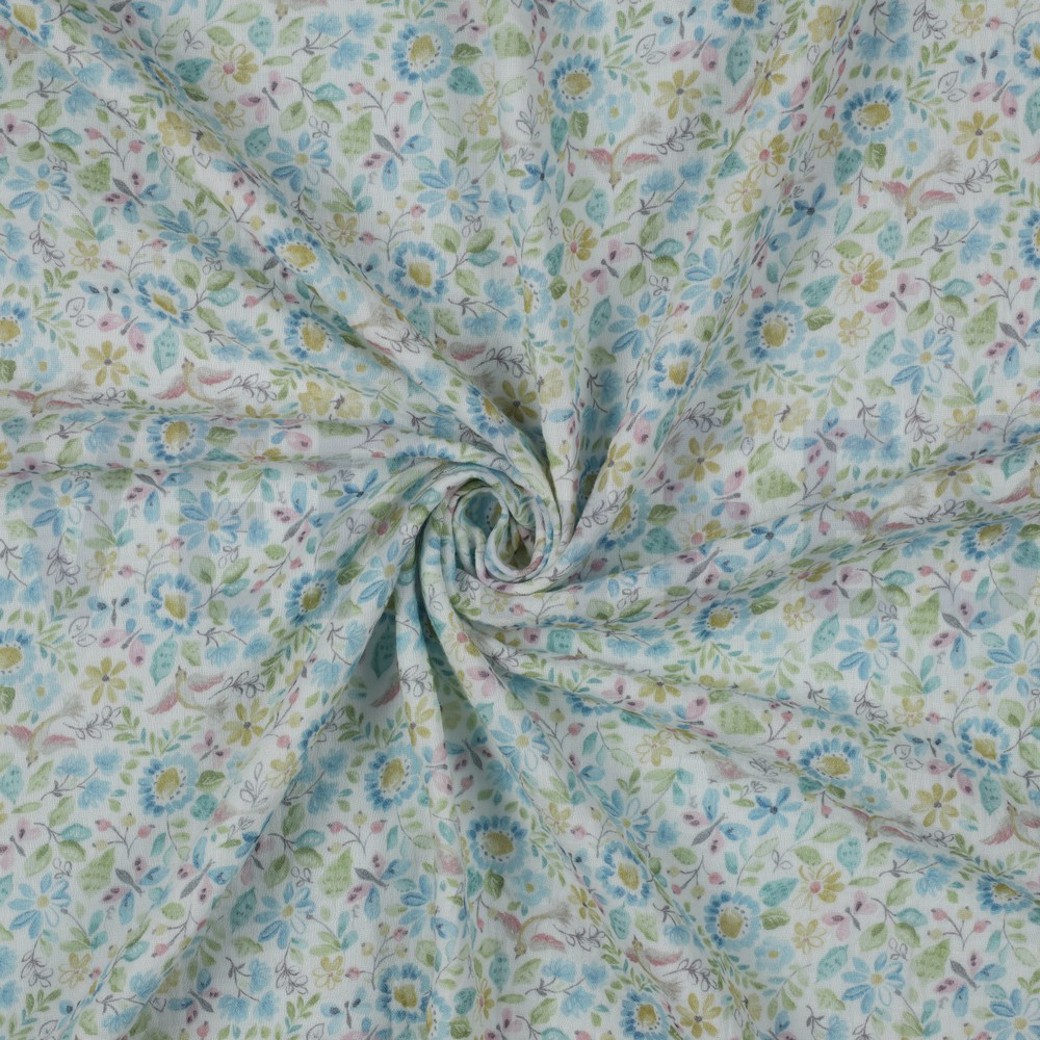 DOUBLE GAUZE GOTS DIGITAL FLOWERS WHITE/BLUE #2