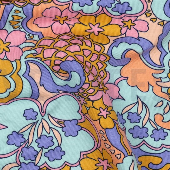 FRENCH TERRY ABSTRACT FLOWERS BLUE #7