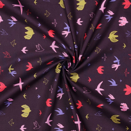 BAUMWOLLE POPELINE VÖGEL DUNKELVIOLETT #7