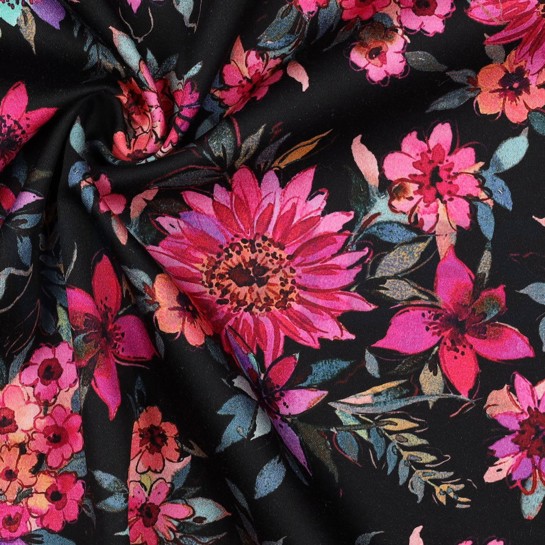 KATOEN SATIJN DIGITAAL BLOEMEN ZWART #7