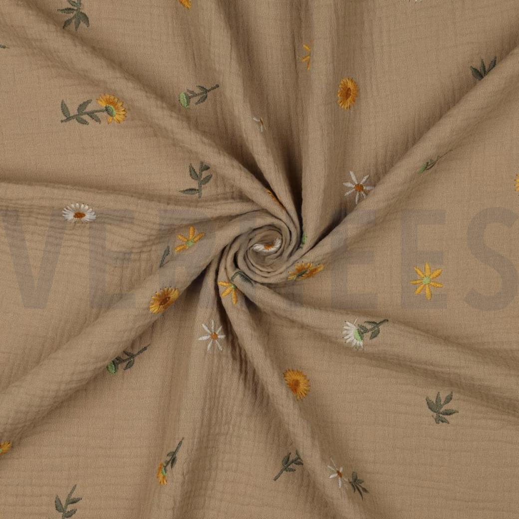 DOUBLE GAUZE EMBROIDERY SUNFLOWERS BEIGE #2