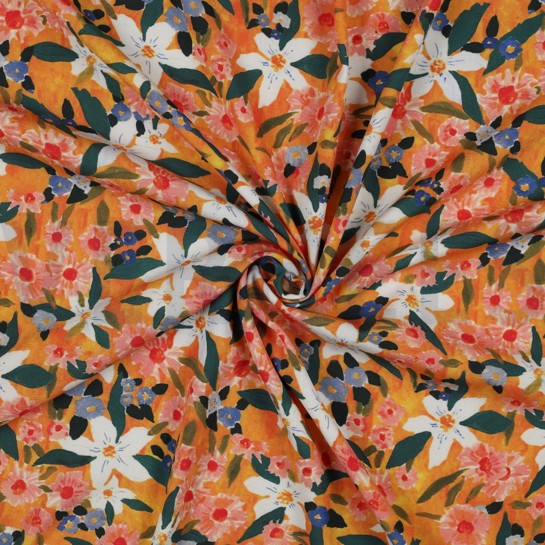 VISKOSE POPELINE STRETCH DIGITAL BLUMEN ORANGE #7