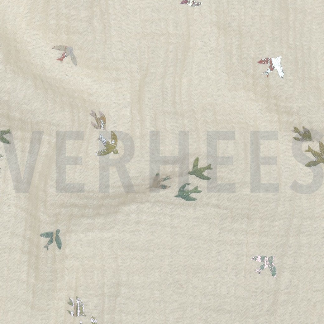 DOUBLE GAUZE FOIL BIRDS ECRU #2