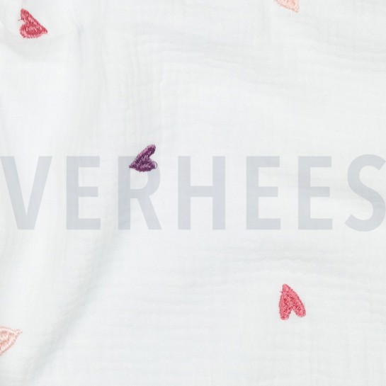 DOUBLE GAUZE EMBROIDERY HEARTS PINK / ORANGE #7