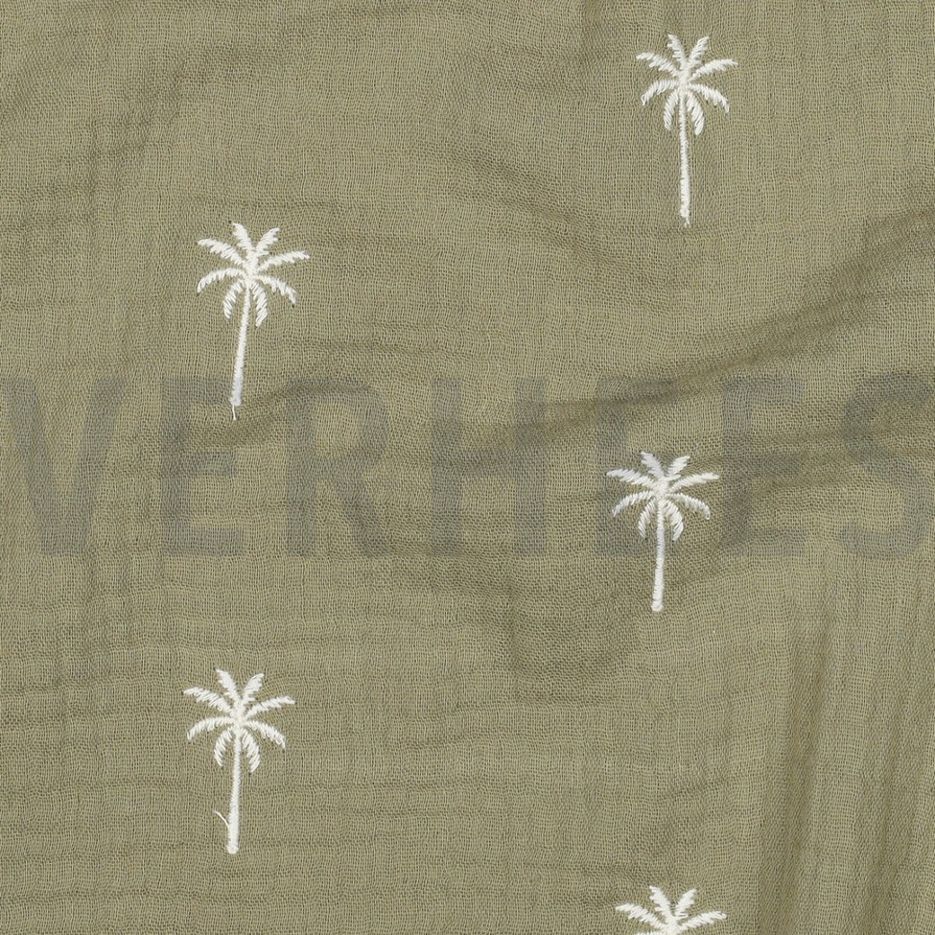 DOUBLE GAUZE EMBROIDERY PALM TREES MOSS GREEN #2