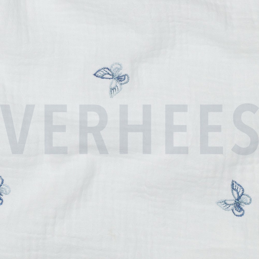 DOUBLE GAUZE EMBROIDERY BUTTERFLY WHITE / BLUE #2