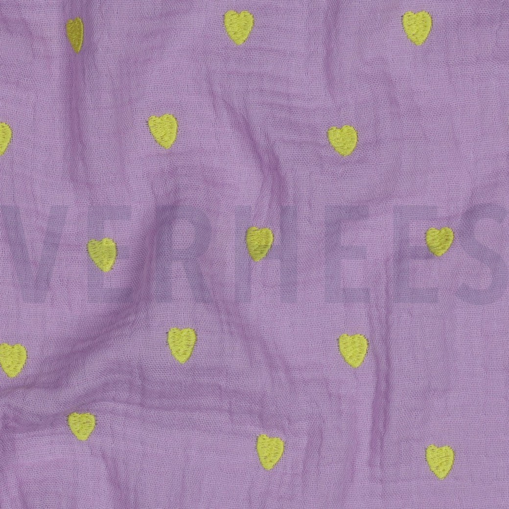 DOUBLE GAUZE EMBROIDERY NEON HEARTS LAVENDER #2