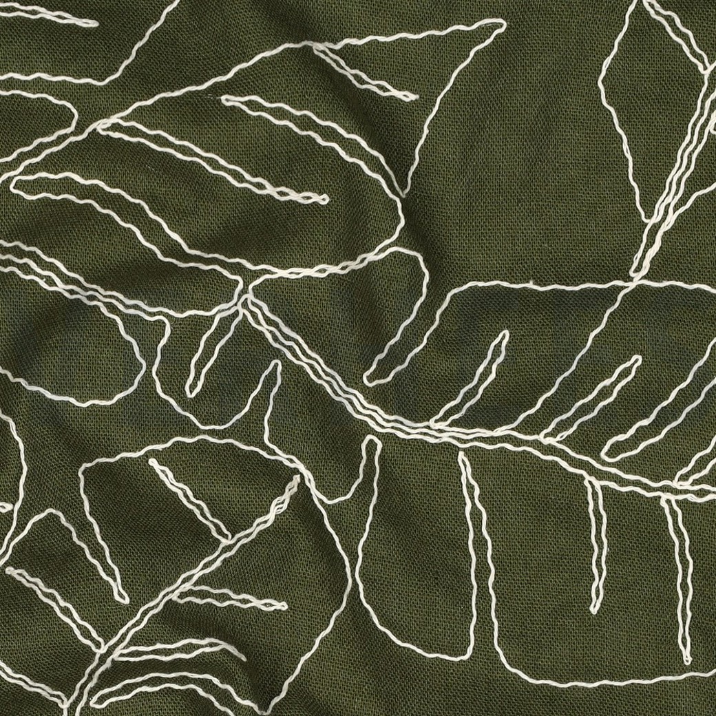 LINEN VISCOSE EMBROIDERY LEAVES FOREST GREEN #2