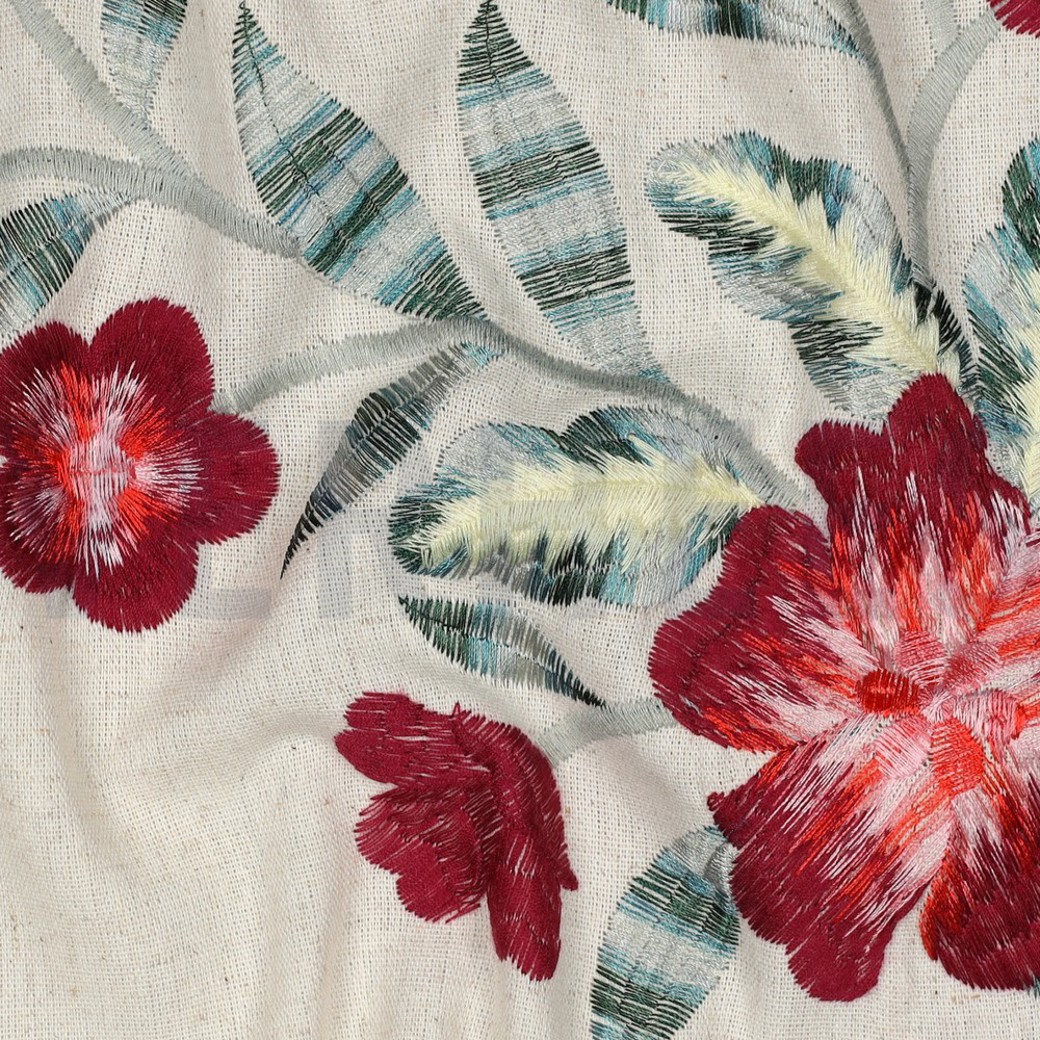 LINEN VISCOSE ONE-SIDE BORDER FLOWERS CERISE #2
