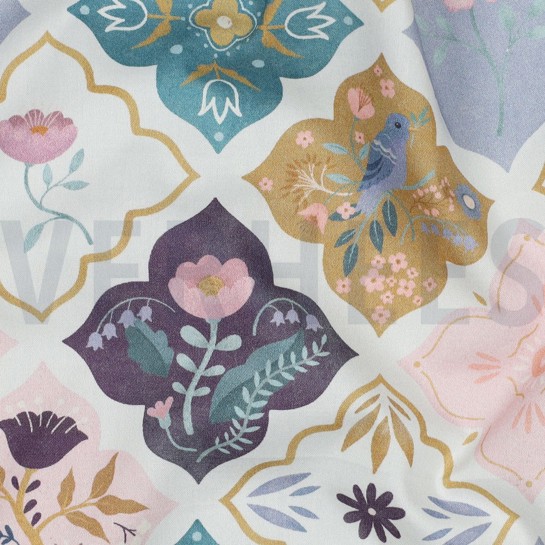 FINE POPLIN DIGITAL BIRDS & FLOWERS WHITE #7